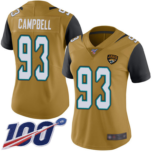 Nike Jacksonville Jaguars #93 Calais Campbell Gold Women Stitched NFL Limited Rush 100th Season Jersey